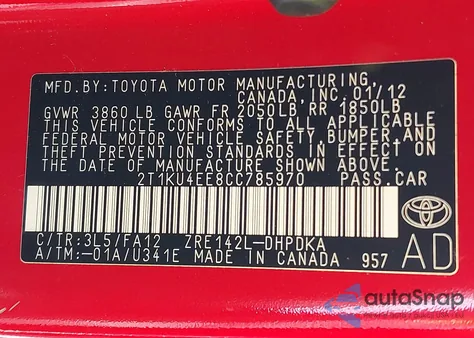 2012 Toyota Matrix L from USA, damaged, VIN 2T1KU4EE8CC785970